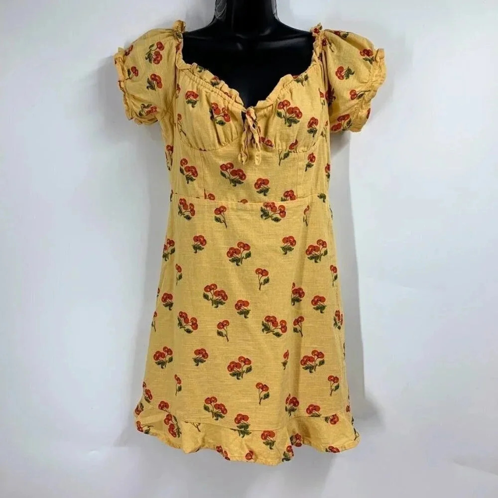 Urban Outfitters Women's Cherry Print Off the Shoulder Mini Baby Doll Dress SZ M
